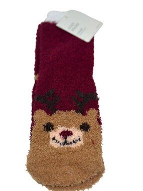 NEW Kohl’s Cozy Fleece Socks Teddy Bear Face Red Size 9-11 Soft Warm Slipper